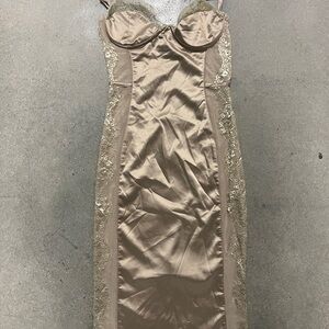 Oh Polly Tan Lace Midi Dress